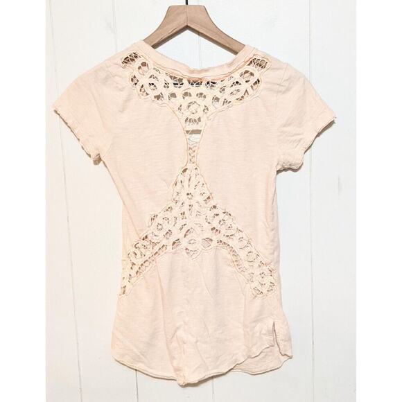 Free People Top Womens XS Blush Pink Cutout Crochet Back Short Sleeve Tee Boho - Picture 2 of 6